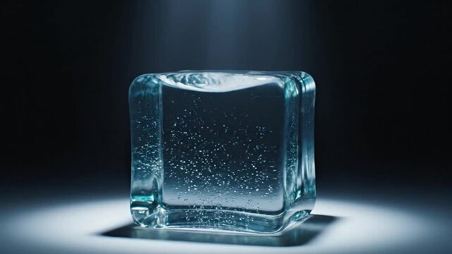 A transparent ice cube with bubbles is illuminated on a dark surface