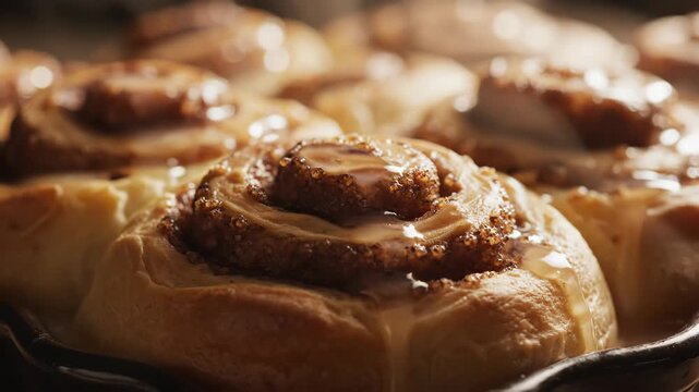 Cinnamon rolls in a baking dish with icing on top closeup