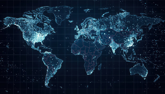 Digital world map illuminated by network lights showing global connectivity and economic pulse