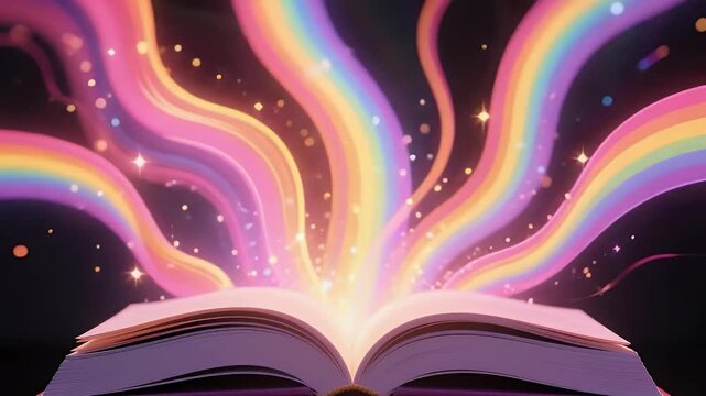 An open book emits vibrant rainbow streams, symbolizing creativity and imagination. Perfect for educational and artistic concepts.