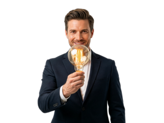 Smiling businessman holding a glowing lightbulb for innovation concept