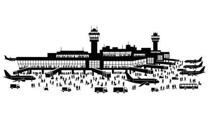Fototapeta premium Busy airport terminal with planes and passengers