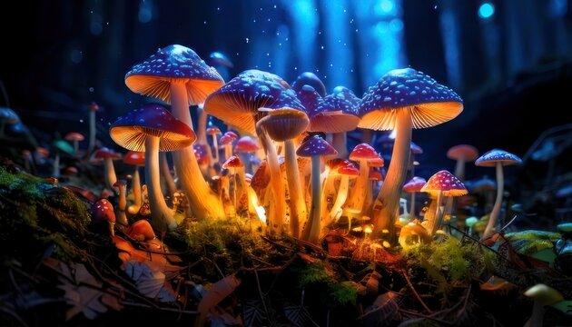 Enchanted Forest - A Glowing Mushroom Kingdom Under Moonlight.