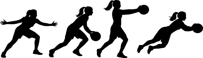 silhouette woman baskterball player postures, black shapes woman playing basketball on white background