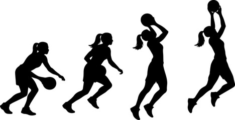 silhouette woman baskterball player postures, women playing basketball on white background