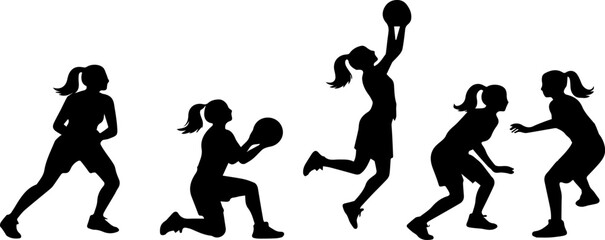 silhouette woman baskterball player postures woman playing basketball black shapes on white background