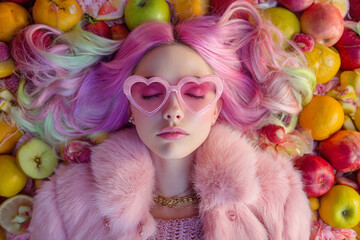 Surreal fashion portrait of woman with pink hair and heart-shaped glasses lying among colorful fruits, dreamy aesthetic and artistic beauty concept.