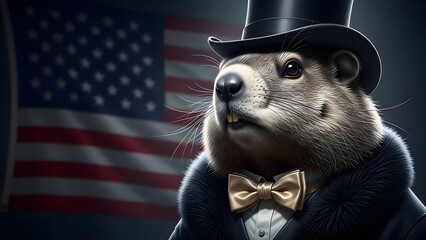 A groundhog wearing a top hat and coat stands proudly in front of an american flag waving high