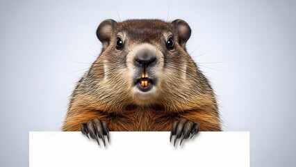 A surprised groundhog peeking over a white sign with a grey gradient background