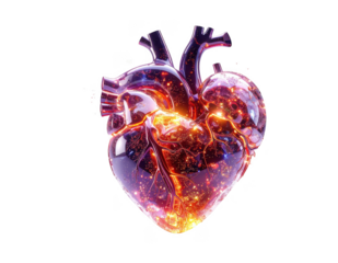 Transparent heart filled with glowing digital particles 3D render,white background.
