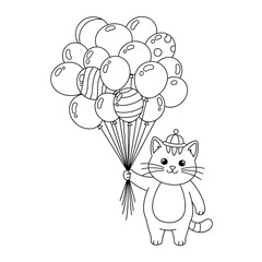 Fototapeta premium Cute Cat Wearing Hat Holding Bunch of Balloons Coloring Page.