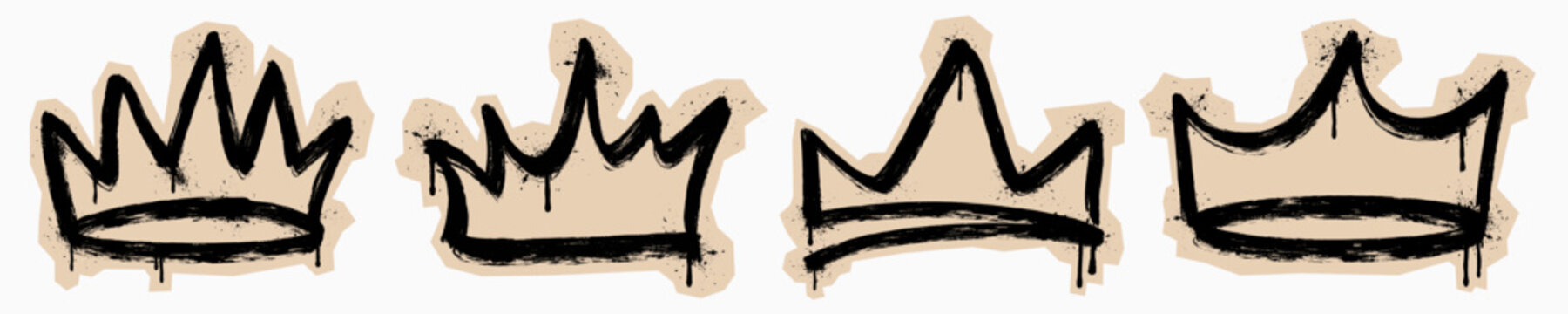 Hand drawn graffiti crown illustration set in scrapbook style with rough brush strokes, dripping paint, and grunge urban texture, isolated on white background