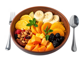 modern plate of fruit bowl with cutlery for iftar, isolated on white background.