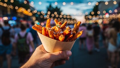 Rustic paper cone filled with sweet potato fries held by a hand in the vibrant evening atmosphere of a bustling street festival, for foodies, travelers, and event organizers