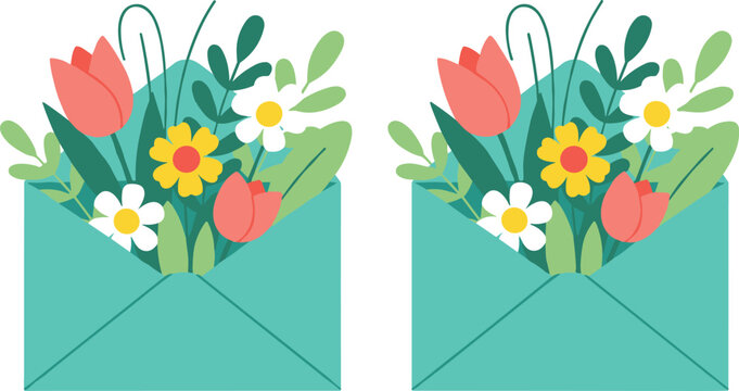 Floral envelope vector set with colorful flowers bouquet greeting card decoration isolated illustration