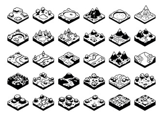 Obraz premium Hand drawn isometric line art landscape tiles set featuring diverse natural terrain features for game design and map creation