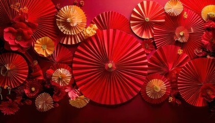 Obraz premium Festive red paper fans and decorations for Chinese New Year.