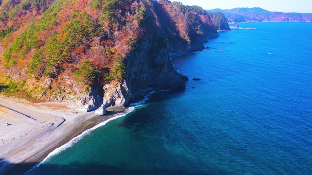Unosu Cliffs, Michinoku Coastline, Tilt Reveal of Autumn Pacific Ocean, Japan