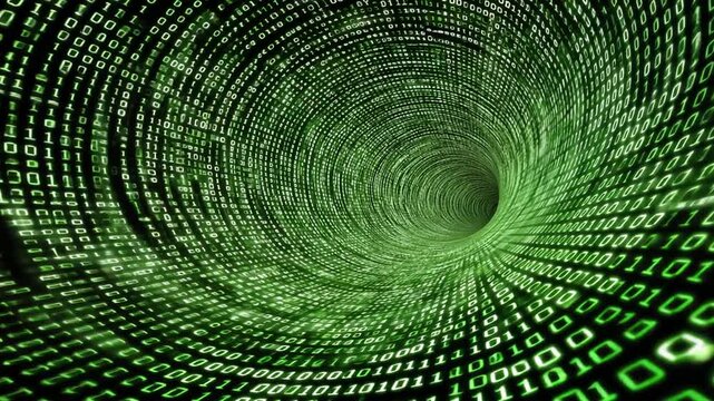 Digital tunnel of green binary code flows inward spiraling.