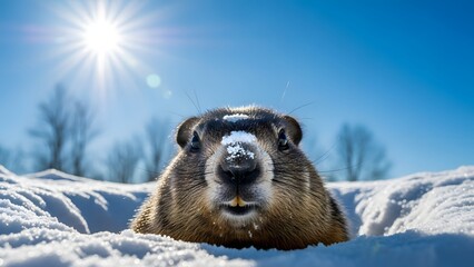 A marmot peeking out from behind a sunny snowy mound on a clear winter day with trees in background