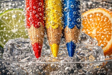Fototapeta premium Vibrant colored pencils submerged in sparkling soda with citrus slices and ice cubes—creative art supplies in refreshing beverage setup