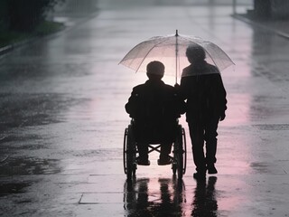 Rainy Street Wheelchair User With Companion Under Transparent Umbrella Silhouette Backlit by Soft Pink Light