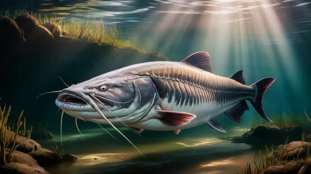 Large Catfish Swimming Underwater with Sunlight Rays in Clear Freshwater Habitat with Rocks and