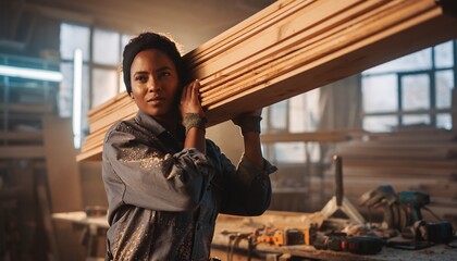 Serious, skilled female carpenter carrying wooden planks in a sunlit workshop, showcasing strength, dedication, and craftsmanship, for women in industry, empowerment and construction.