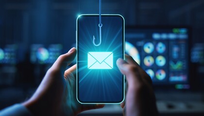 Hands holding a smartphone displaying a glowing email icon with a fishing hook, illustrating a phishing scam or cyber attack, for cybersecurity, internet safety and data protection.