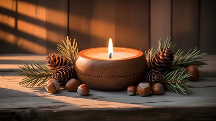 Warm, glowing candle centerpiece with pine cones and hazelnuts on a rustic wooden surface.