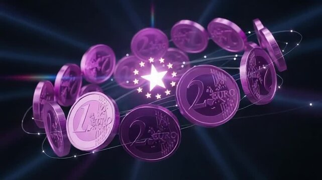 Purple coins with Bitcoin symbol rotating.