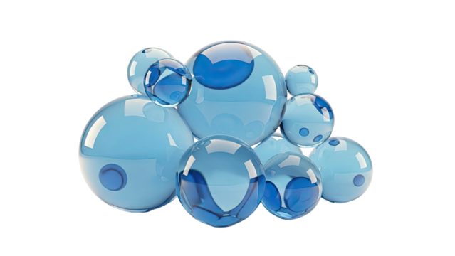 Cluster of transparent blue glass spheres with internal circles - Powered by Adobe
