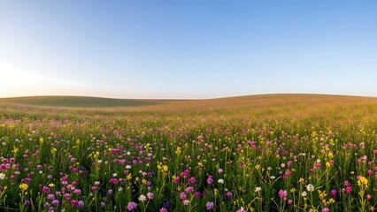 Fototapeta premium Serene Panoramic Wildflower Meadow Landscape Backdrop | Soft Floral Background for Copy Space, Tranquility, Spring & Summer