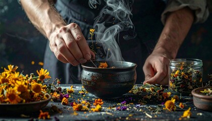 Herbal tea preparation with dried flowers and steaming glass cup
