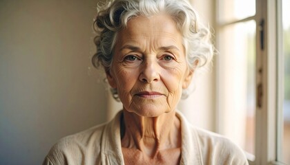 Elderly person gazing out window in soft daylight
