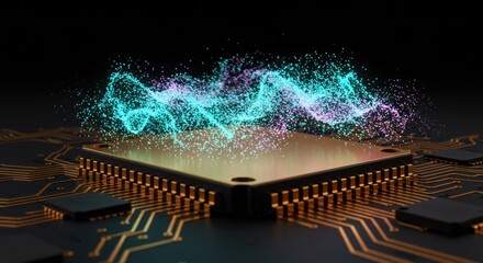 Dynamic digital energy emanating from a sophisticated processing unit, illustrating concepts of artificial intelligence, data streams, and future technology