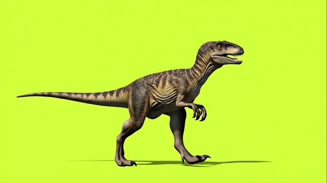 A dinosaur standing on a bright green screen background, looking to the right.