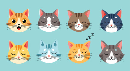 Fototapeta premium Collection of eight adorable cat face icons with different colors, markings, and expressions like sleeping, happy, and smiling.