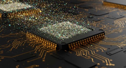 Close-up of a computer processor with golden particles scattering, symbolizing innovation and data flow in a digital world