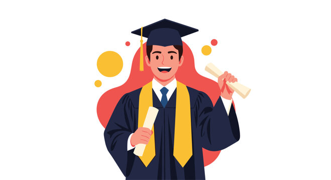 Joyful graduate man in academic regalia holding two diplomas and surrounded by colorful shapes on a white background.
