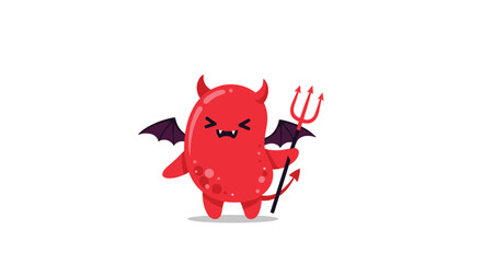 Obraz premium Adorable little red devil cartoon character holding a pitchfork and smiling with small wings and a tail for halloween illustration.