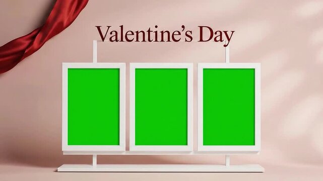 A romantic pink studio features three vertical green screen frames ready for valentine's day content insertion.