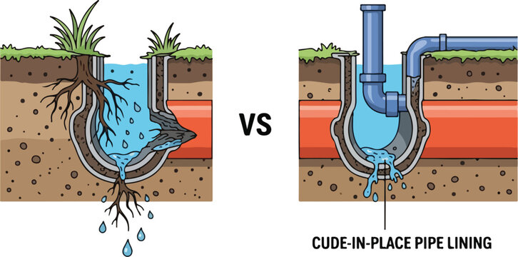 Clogged vs newly Cured-In-Place Pipe Lining system with roots and flowing water through sections