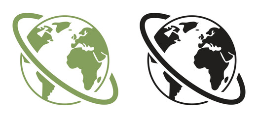 Global Communication and Sustainable World Network Logo - Earth Globe with Orbital Ring Vector for International Business and Ecology