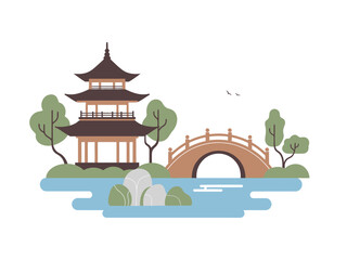 Fototapeta premium Oriental garden illustration with three-tier pagoda, arched bridge and calm lake