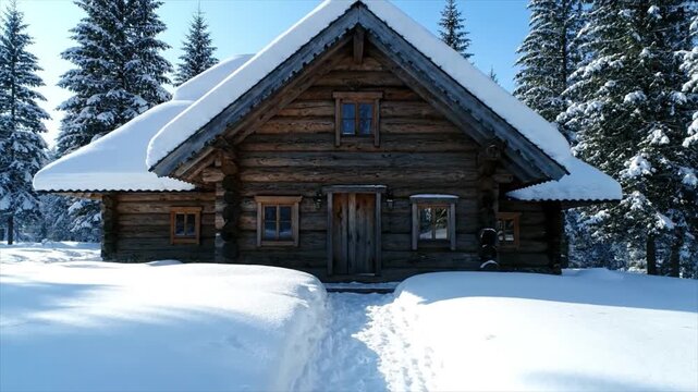 Quaint log cabin blanketed in pristine fresh snow, nestled among towering evergreen trees in a serene winter wonderland, with a clear path inviting warmth inside
