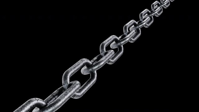 3D rendering of rusty chain links spinning and sliding diagonally. Grunge industrial loop.