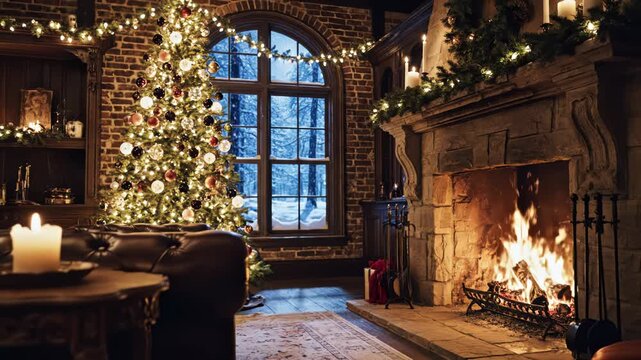 Cozy living room with christmas tree and fireplace on a snowy night outside