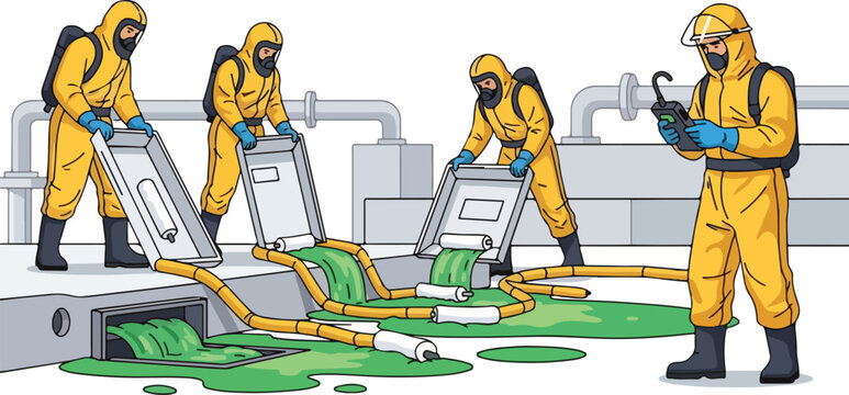 Workers in hazmat suits handle toxic waste with equipment at industrial site