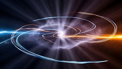 Abstract motion concept shows swirling lines in bright colors with a central light source in a dark setting